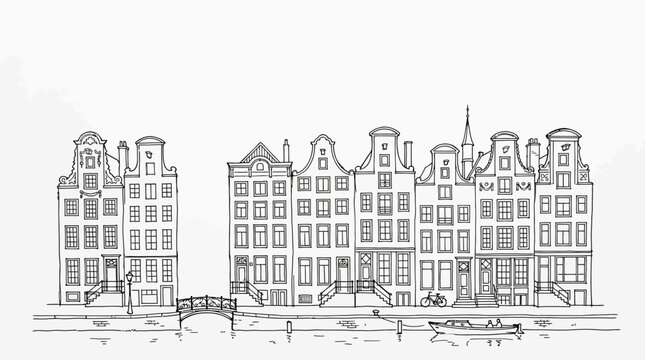 Hand drawn sketch of traditional Amsterdam canal houses with a bridge and boat on a white background, perfect for travel blogs, coloring pages and architectural illustrations