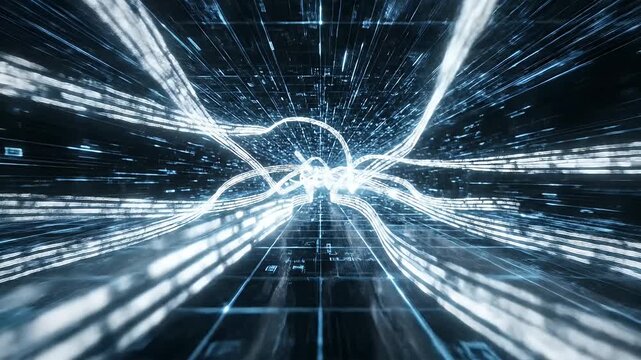 Digital Data Tunnel Abstract Background - A dynamic abstract background depicts a futuristic digital data tunnel with glowing blue lines and intricate patterns.