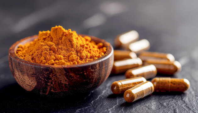 Close up of golden turmeric powder in wooden bowl with gelatin capsules containing curcumin extract, showcasing natural herbal supplements, alternative medicine, and nutraceutical therapy