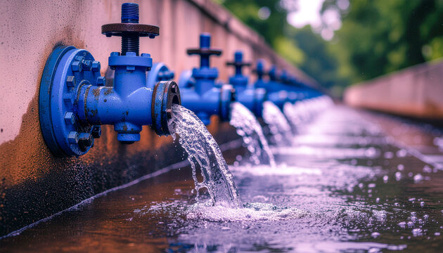 Perspective view of blue industrial cast iron gate valves discharging clean freshwater flow into a concrete aeration basin at a municipal water treatment utility plant