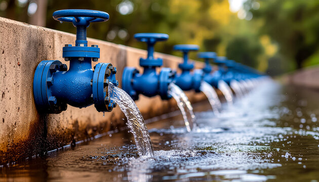 Perspective view of blue industrial cast iron gate valves discharging clean freshwater flow into a concrete aeration basin at a municipal water treatment utility plant
