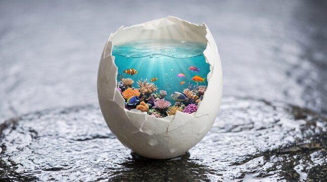 White cracked eggshell standing upright with glowing coral reef and tropical fish inside on dark concrete background, surreal moody concept, Generative AI
