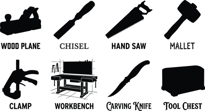 Black Woodworking Tool Silhouette Collection Featuring Wood Plane Chisel Hand Saw Mallet Clamp Workbench and Tool Chest Vector Set