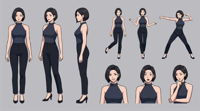 Woman character design sheet in flat minimalist style