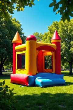 Brightly colored bounce house in the park on a sunny day, summer, sunshine