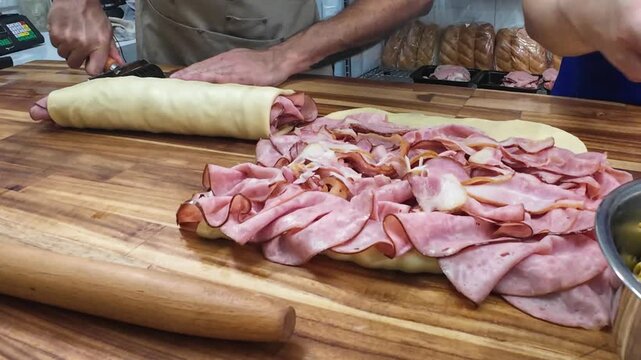 Two skilled bakers collaborate on a wooden workstation, assembling and decorating handmade ham breads with precision and culinary expertise.