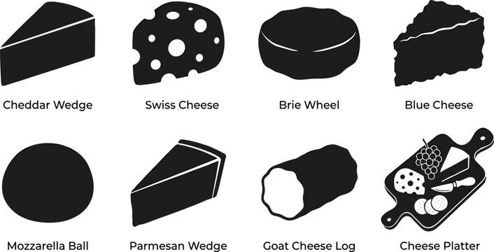 Cheese Silhouette Collection Vector Set Featuring Cheddar Swiss Brie Mozzarella Parmesan Goat Cheese and Platter Food Icons