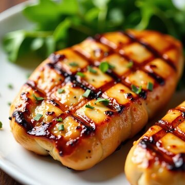Close-up shot of grilled chicken breast with slight char and smoky flavors, charred chicken breast, poultry