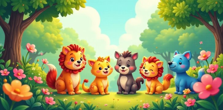 Colorful cartoon animal friends playing together in a vibrant garden, friends, cartoon