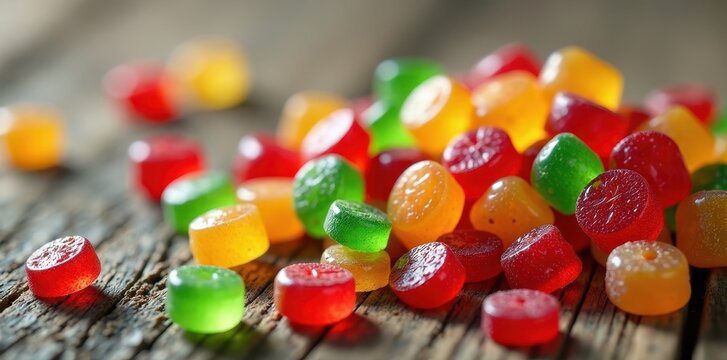 Colorful edibles gummy candies on a wooden table, treats, desserts