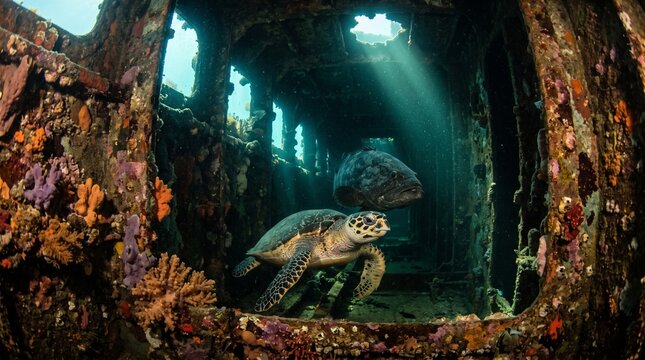 Sea turtle swimming inside a sunken shipwreck with coral growth