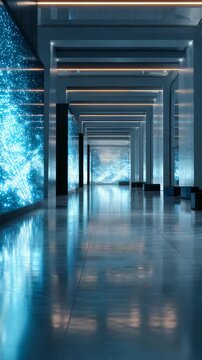 A spacious hallway features vibrant blue digital displays and minimalist design, creating a cutting edge, immersive environment. The scene evokes innovation and advanced technology