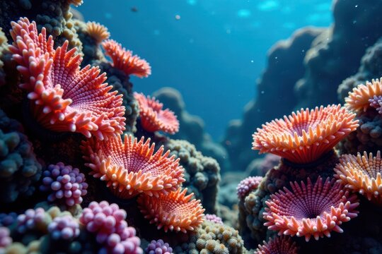 Diverse coral polyps thrive amidst vibrant seaweed, biodiversity, reef
