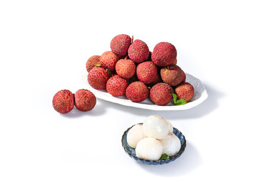 Fresh Lychee Fruits from China - Tropical Asian Delicacy with Red Textured Skin and Sweet White Flesh on White Background
