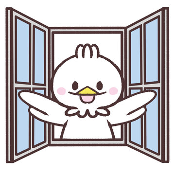 窓を開ける白い鳥のイラスト