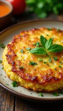 Golden-brown cheesy rosti with crispy edges and herbs , food, cheesy