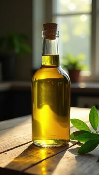 Glass bottle with extra virgin olive oil on a wooden table , green, bottle neck