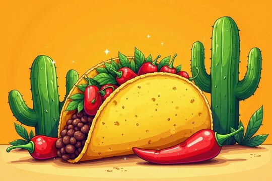 Hand-drawn taco with chili peppers and cacti in an orange-colored vector style set , Taco, Mexican Food