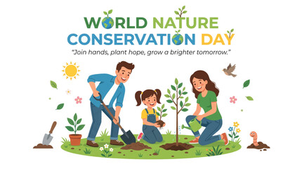 Fototapeta premium Family planting saplings together in cheerful garden celebrating nature conservation initiative