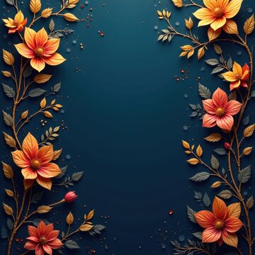 Intricate floral patterns with golden leaves on a dark blue background, floral, cultural