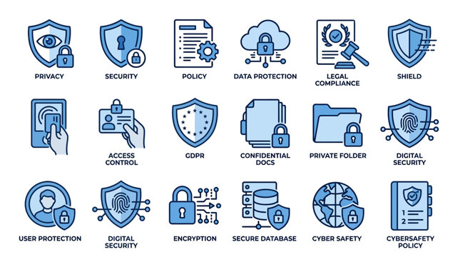 A collection of cybersecurity icons illustrates security concepts on a screen.