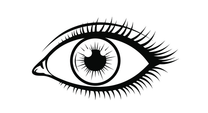 Detailed black line art illustration of a beautiful female eye showing highly realistic eyelashes and iris details.