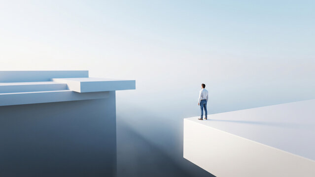 Person standing on edge of platform contemplating gap and opportunity