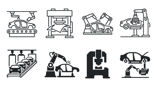 Automotive manufacturing and car assembly plant robotics icon set with automotive manufacturing assembly robotics