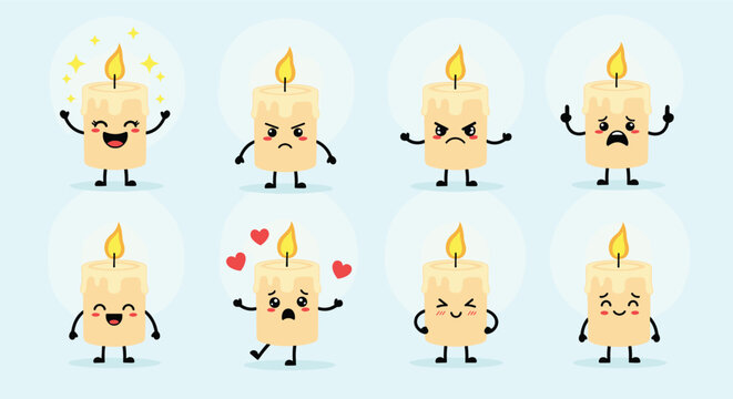 Cute candle cartoon character with various facial expressions and emotions showing different feelings in a set.