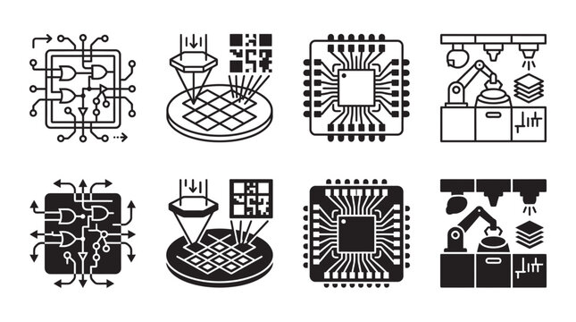 Semiconductor manufacturing process and chip production icons set with semiconductor microchip manufacturing hardware