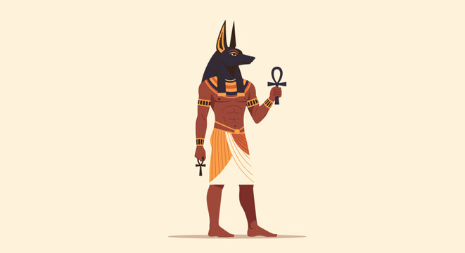 Ancient Egyptian god Anubis with jackal head holding ankh symbols cartoon vector character design.