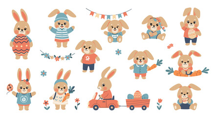 Fototapeta premium Collection of cute cartoon Easter bunnies with eggs carrots and festival decorations vector set.