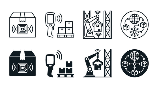 Smart logistics rfid tracking and automated warehouse icon set with logistics tracking warehouse automated scanning