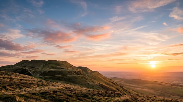 Golden sunset illuminating rolling hills and valleys
