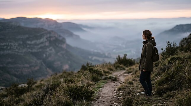 Hiker enjoying view from mountain trail during misty sunrise