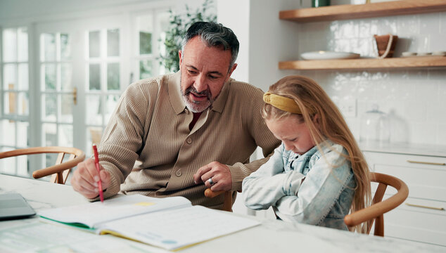 Dad, teaching and learning with difficult child in home for development challenge, boredom or ADHD. Father, lazy kid or stubborn daughter with arms crossed for homework or failed assessment in house