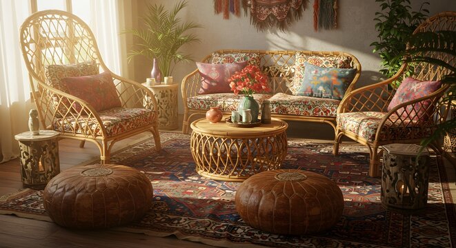 Cozy living room with rattan furniture and soft lighting