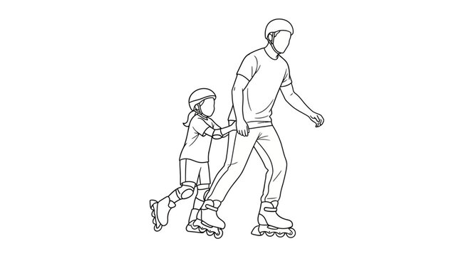 Father and child rollerblading together outdoors.