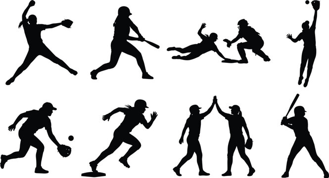 Softball Player Silhouette Collection with Batting Pitching Catching Running and Fielding Action Poses.