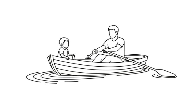 Father and child rowing a small boat together.