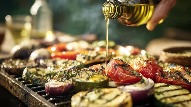 A vibrant assortment of vegetables including tomatoes, zucchini, and eggplant is grilled and topped with olive oil. The scene captures healthy outdoor cooking and summer barbecue vibes