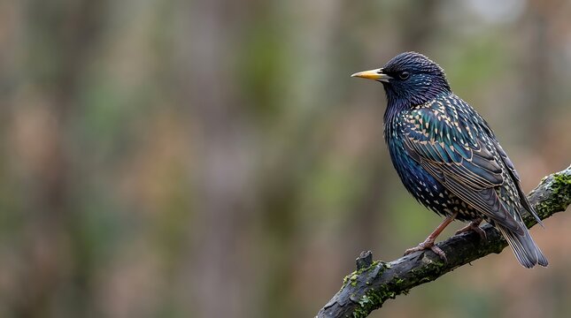 European starling perched on a mossy branch with iridescent plumage
