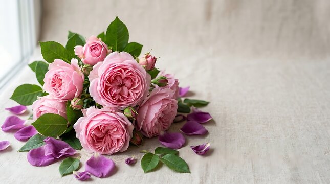 Bouquet of pink english roses on neutral linen background
