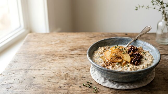 Oatmeal porridge with sliced apples and walnuts on a rustic table