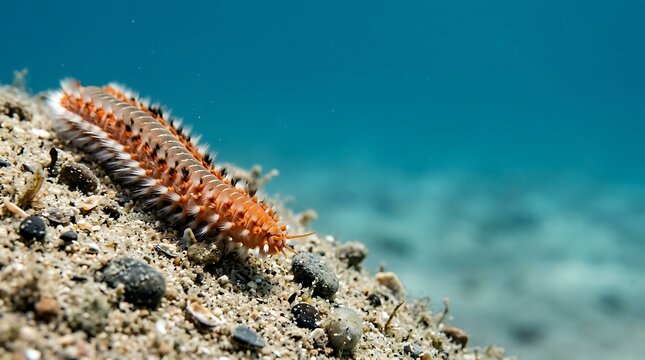Bearded fireworm crawling on sandy seabed in clear blue water