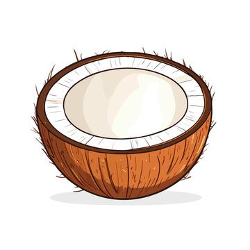 A hand drawn illustration of a fresh half coconut showing white meat and brown shell.