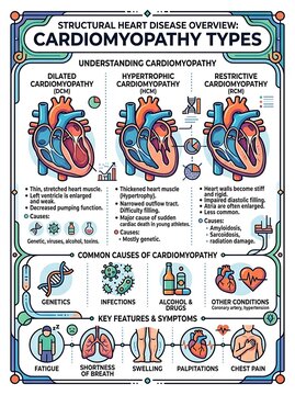 Comprehensive medical infographic on cardiomyopathy types and symptoms