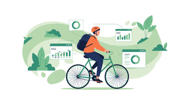 Man riding bicycle with data charts and plants illustration.