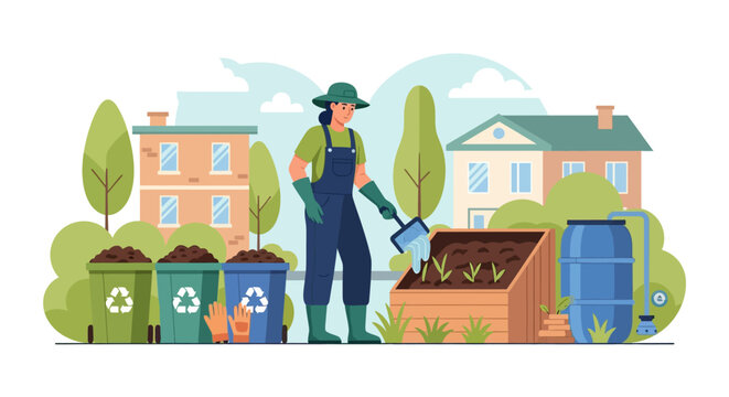 Gardener working in a compost bin with recycling bins.