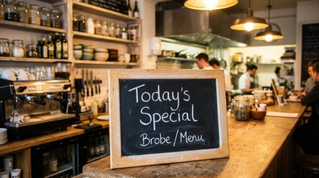 Restaurant kitchen counter with today's special chalkboard sign